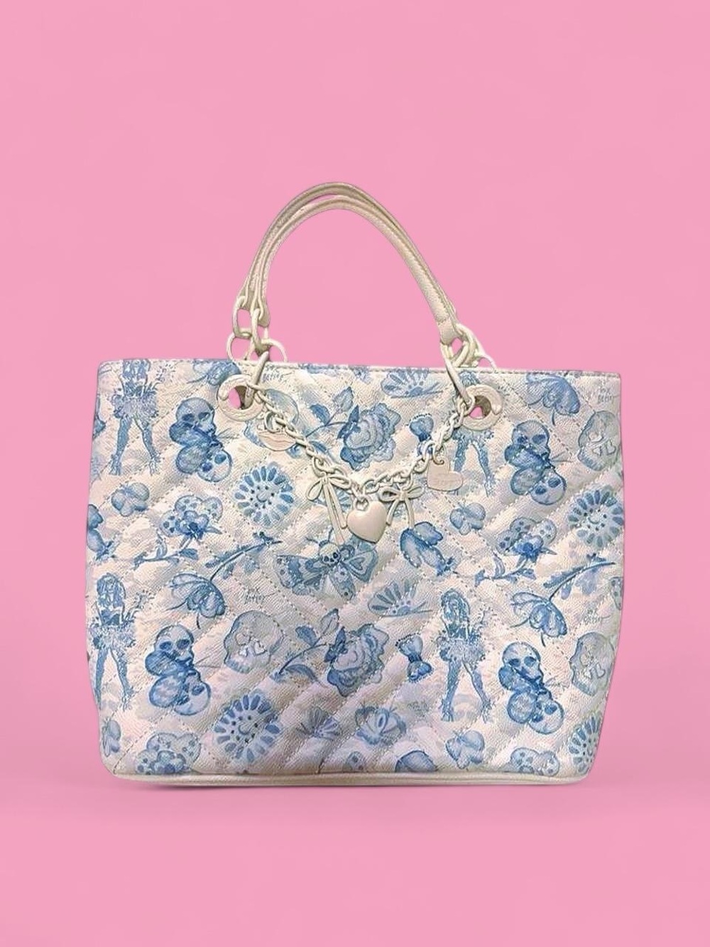Blue Floral Quilted Tote Bag with Heart Charm - Betsey Johnson